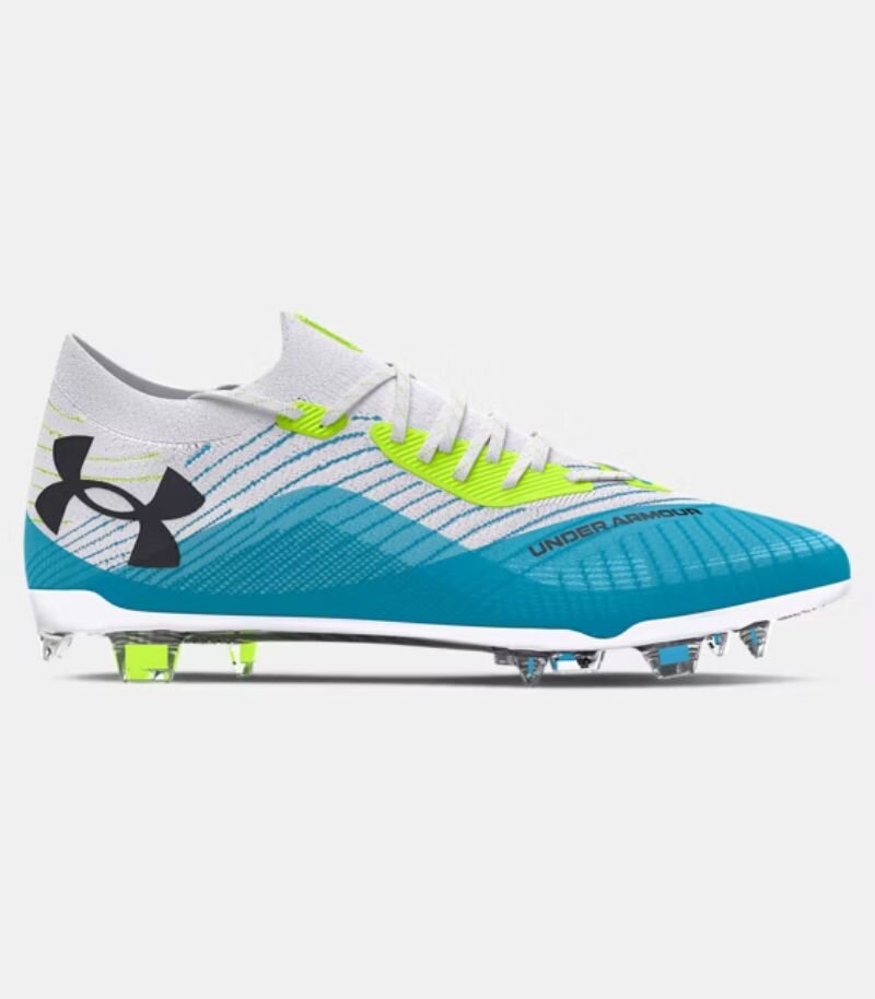 under armour football boots in white with blue and neon yellow features